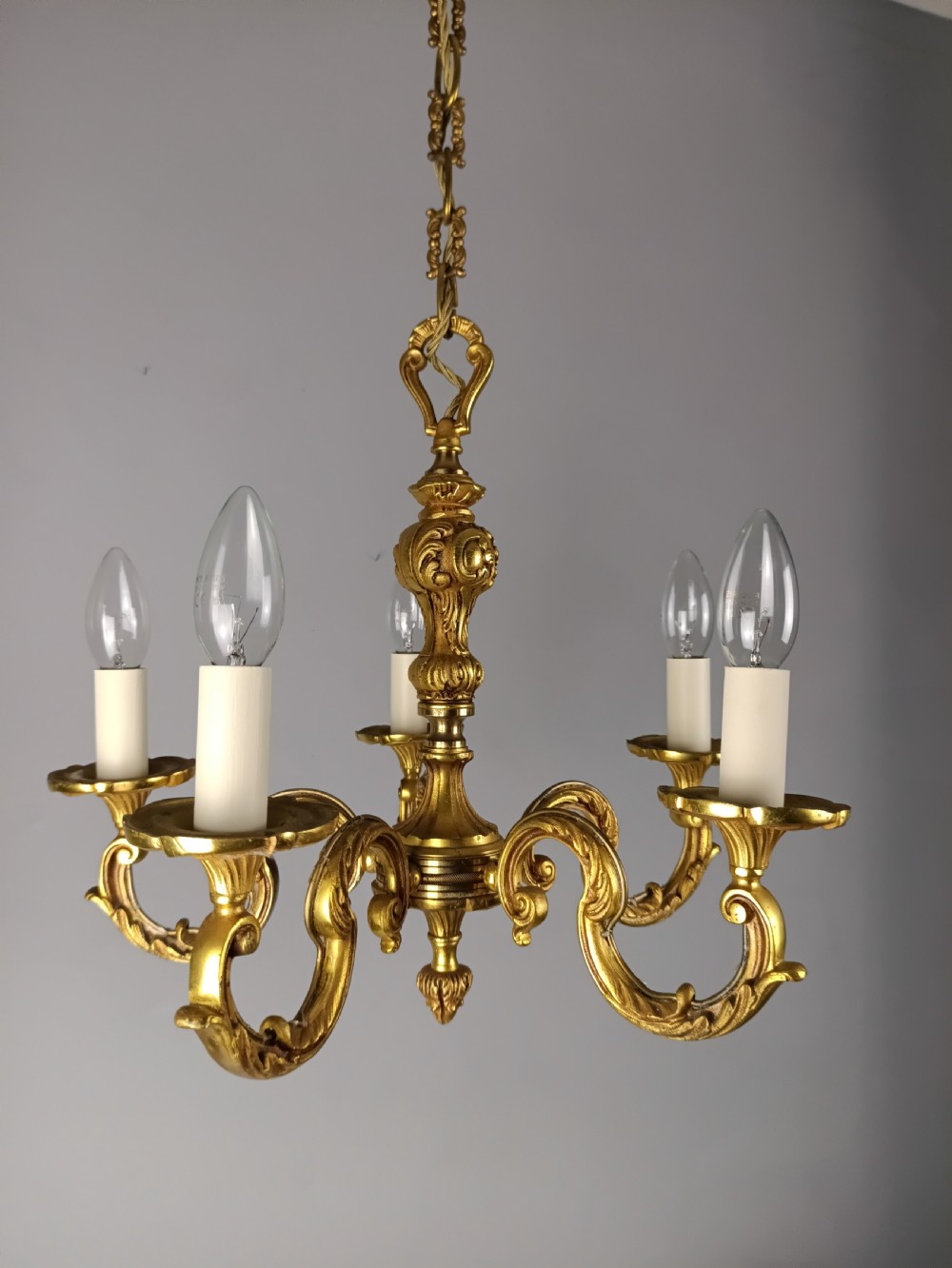 French Gilt Brass 5 Light Chandelier View XI