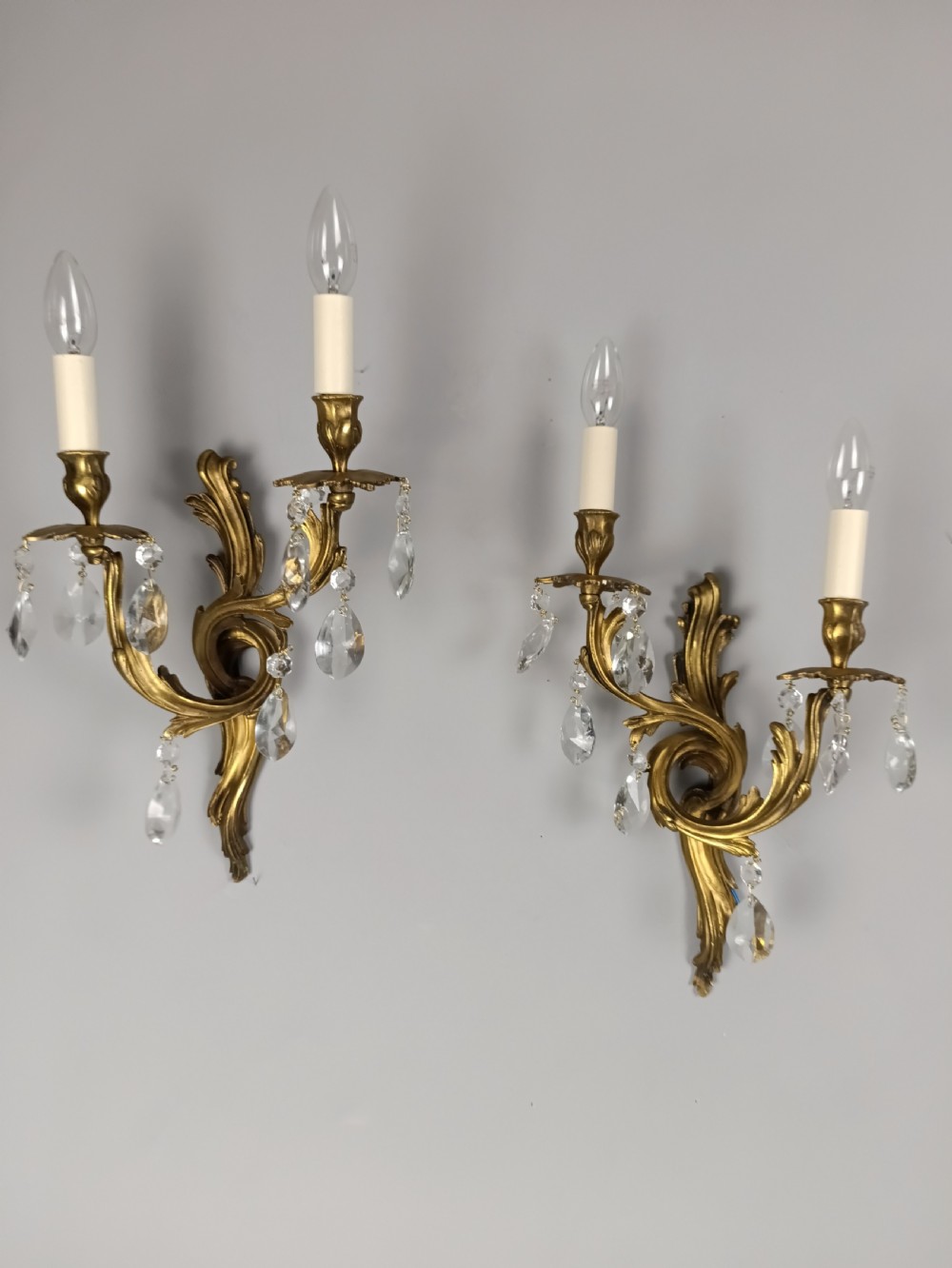 French Pair Of Gilded Twin Arm Antique Crystal Wall Lights