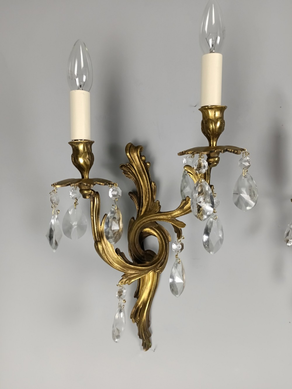 French Pair Of Gilded Twin Arm Antique Crystal Wall Lights View II