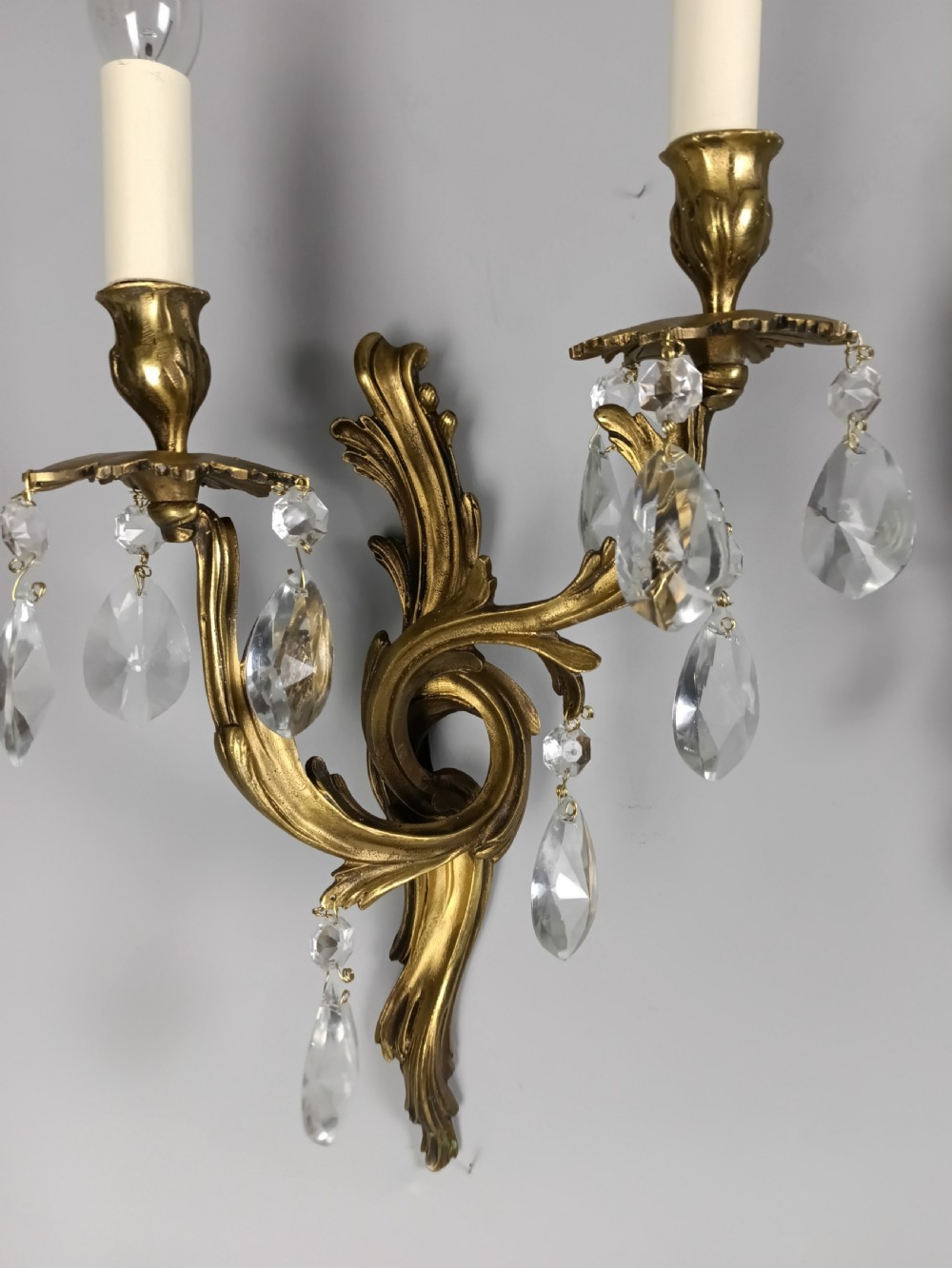French Pair Of Gilded Twin Arm Antique Crystal Wall Lights View III