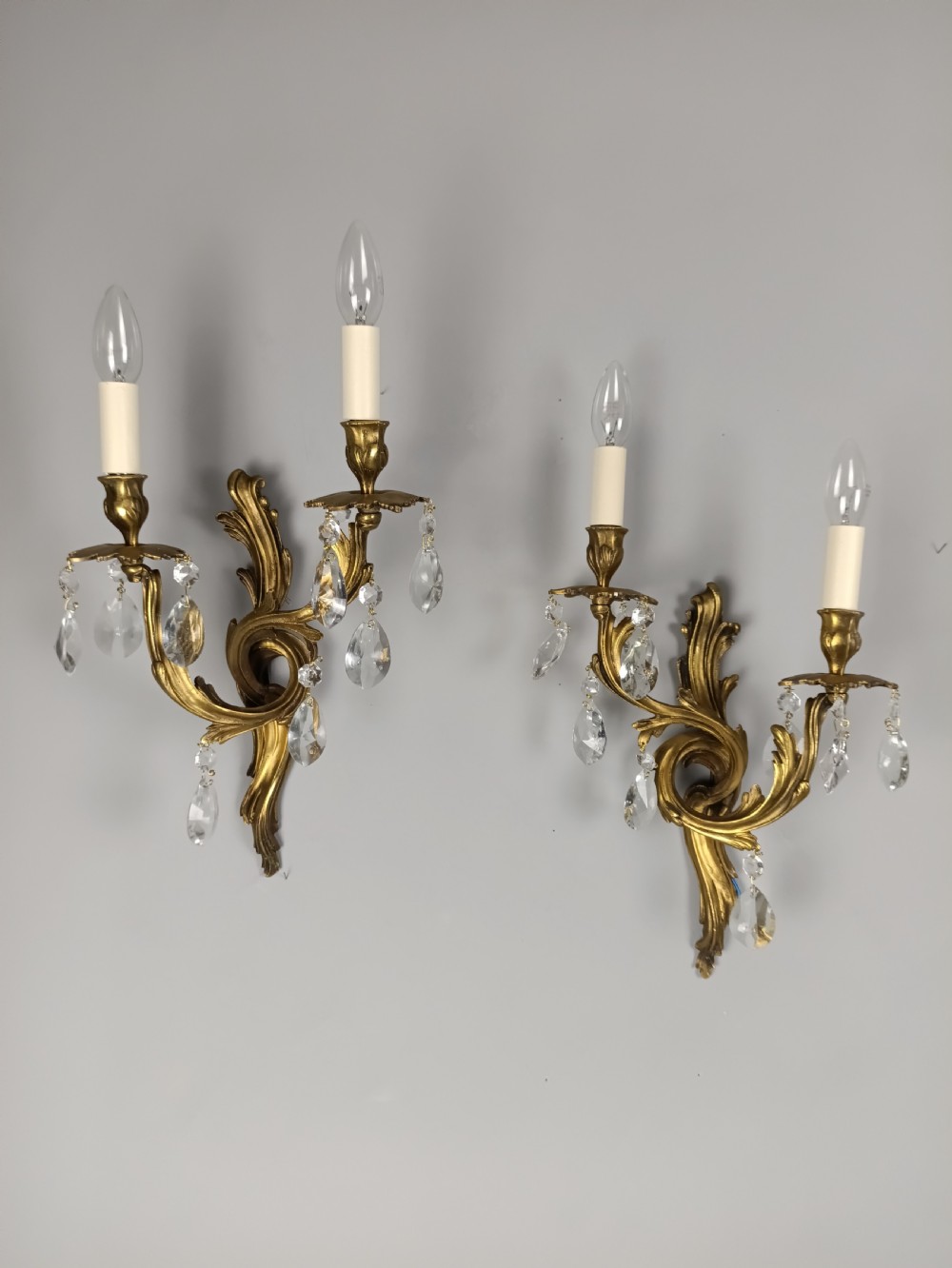 French Pair Of Gilded Twin Arm Antique Crystal Wall Lights View IV