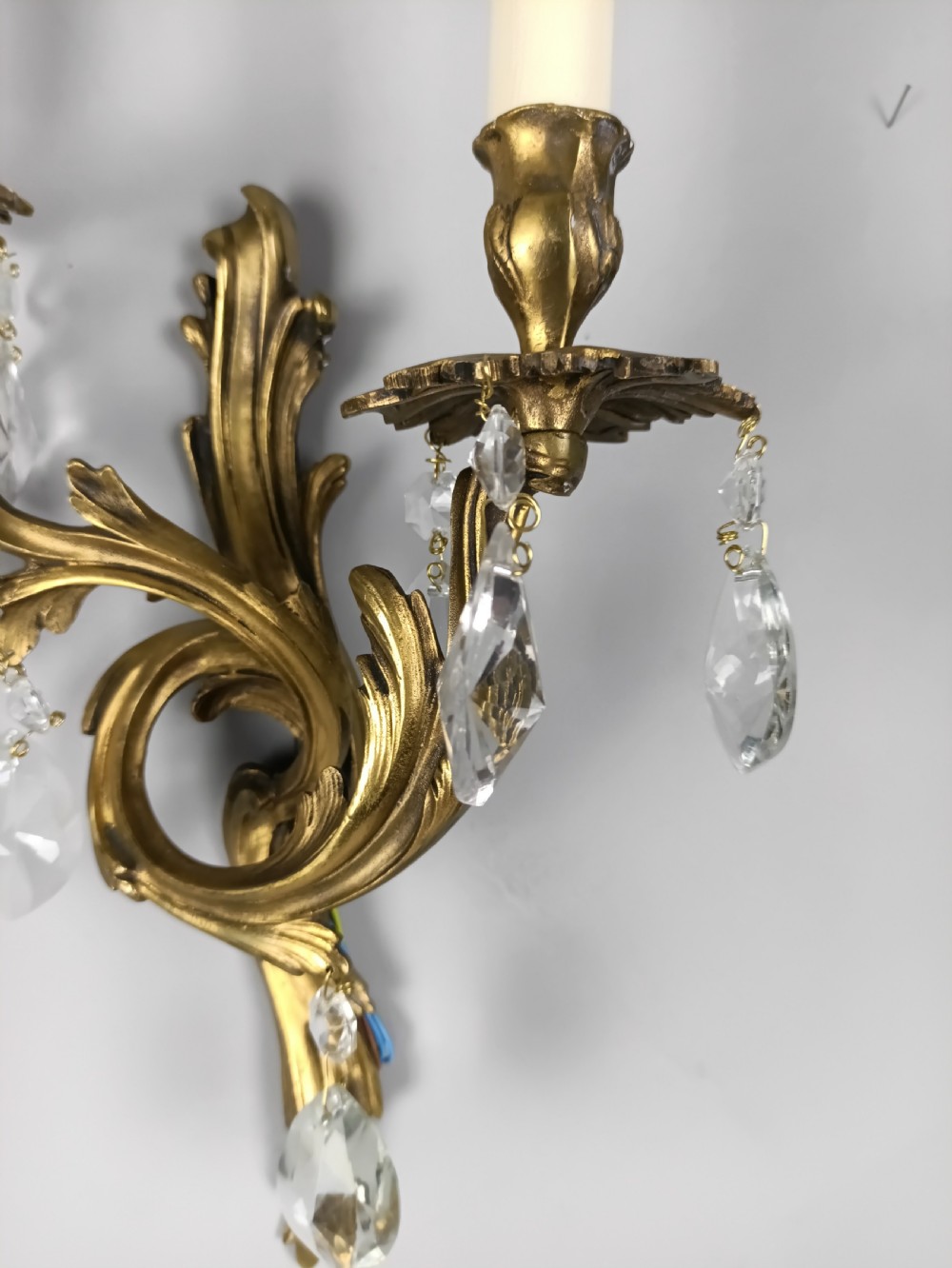 French Pair Of Gilded Twin Arm Antique Crystal Wall Lights View VI