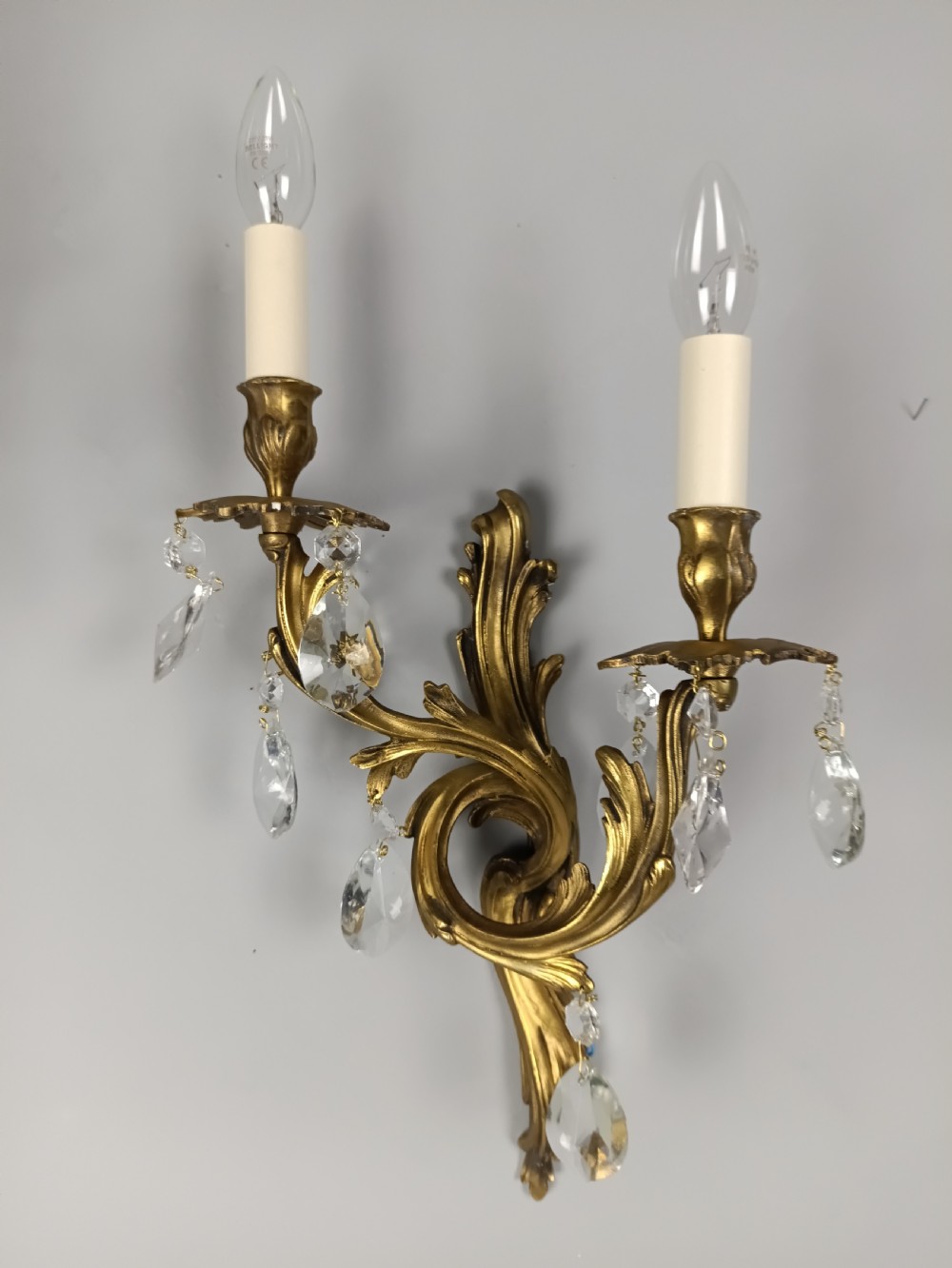 French Pair Of Gilded Twin Arm Antique Crystal Wall Lights View VII