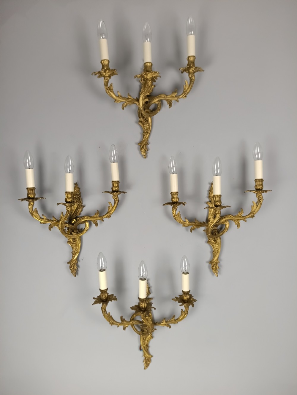 Set of 4 French Triple Arm Gilded Brass Wall Lights