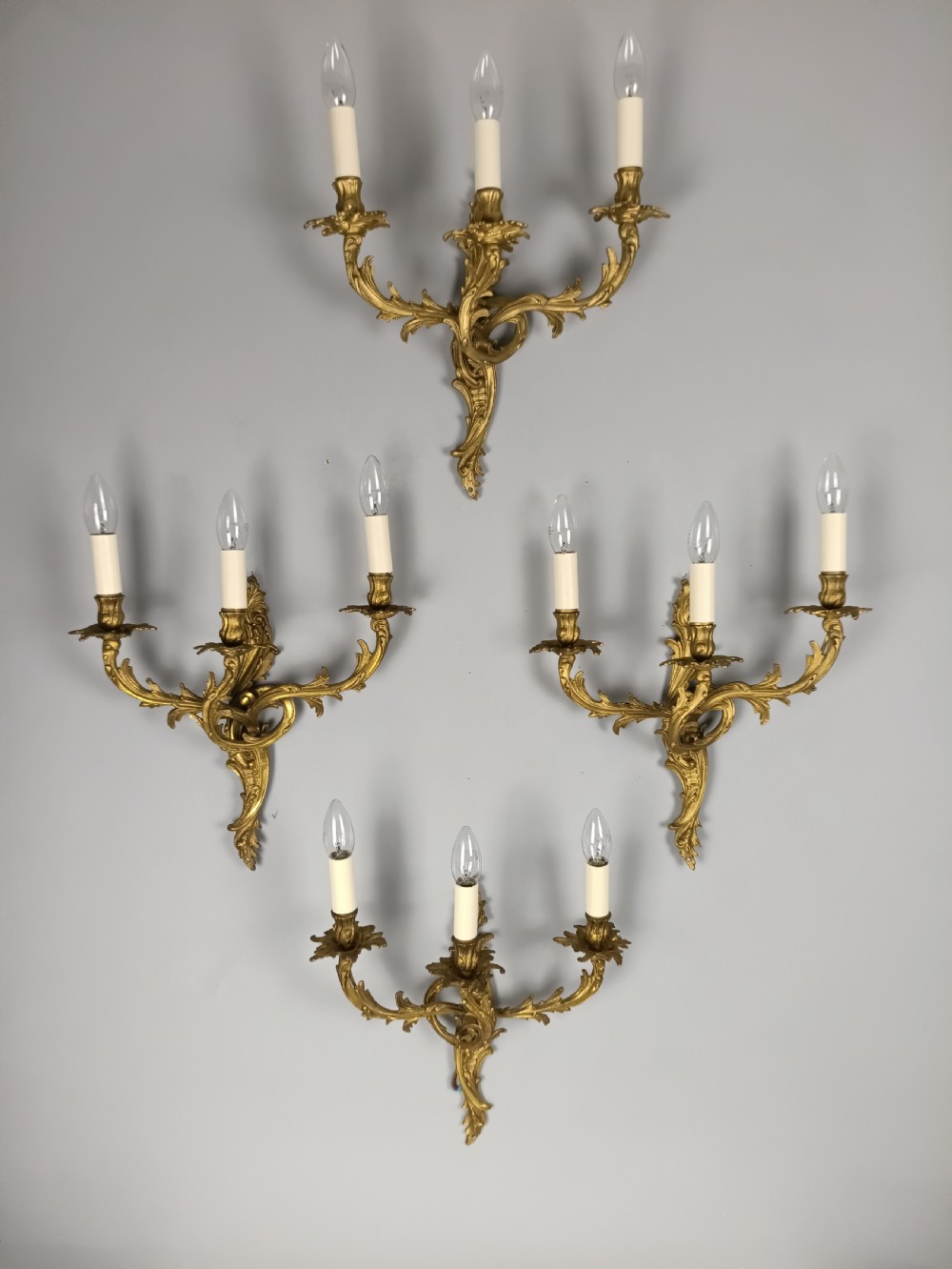 Set of 4 French Triple Arm Gilded Brass Wall Lights View III