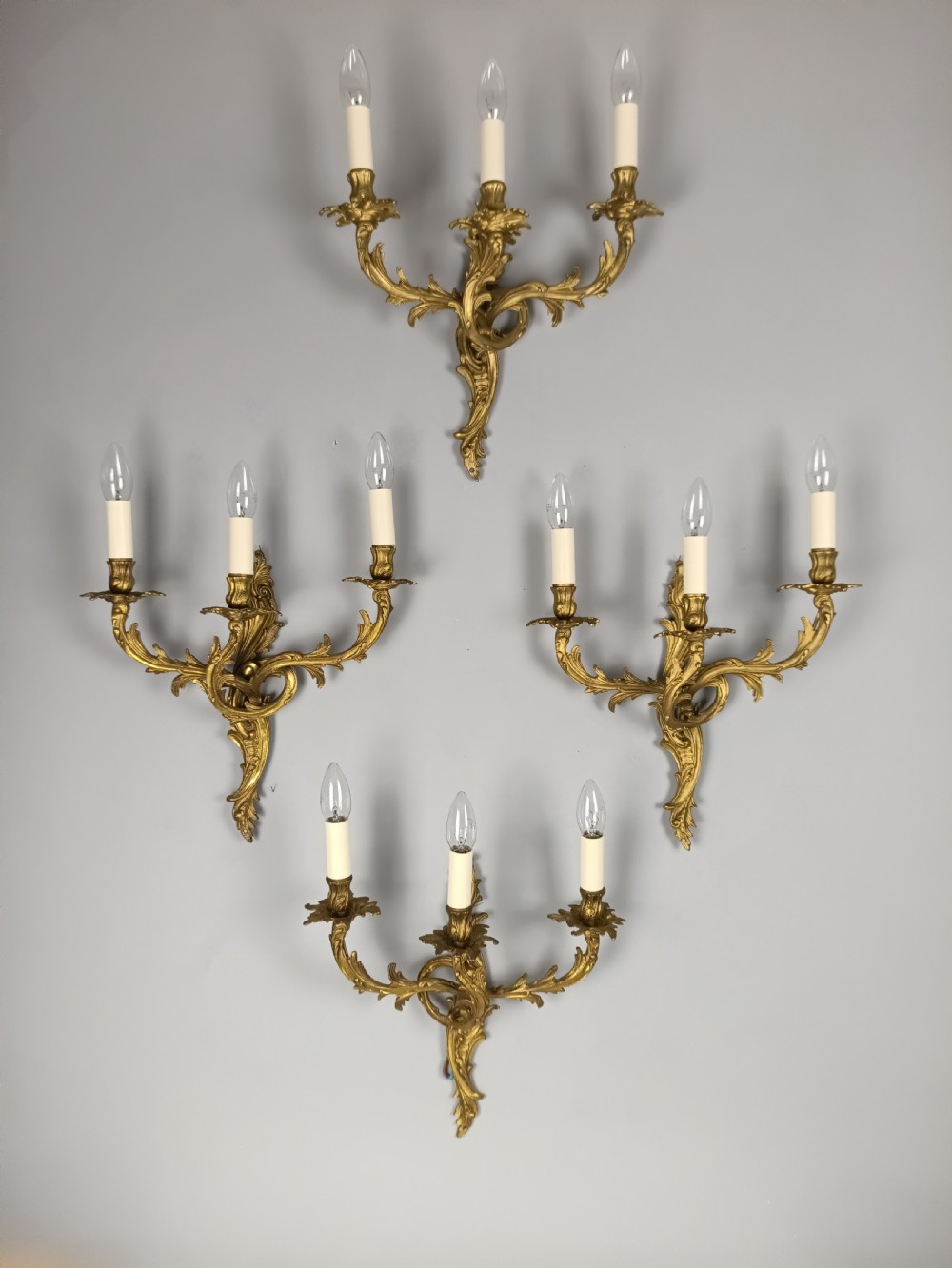 Set of 4 French Triple Arm Gilded Brass Wall Lights View VI