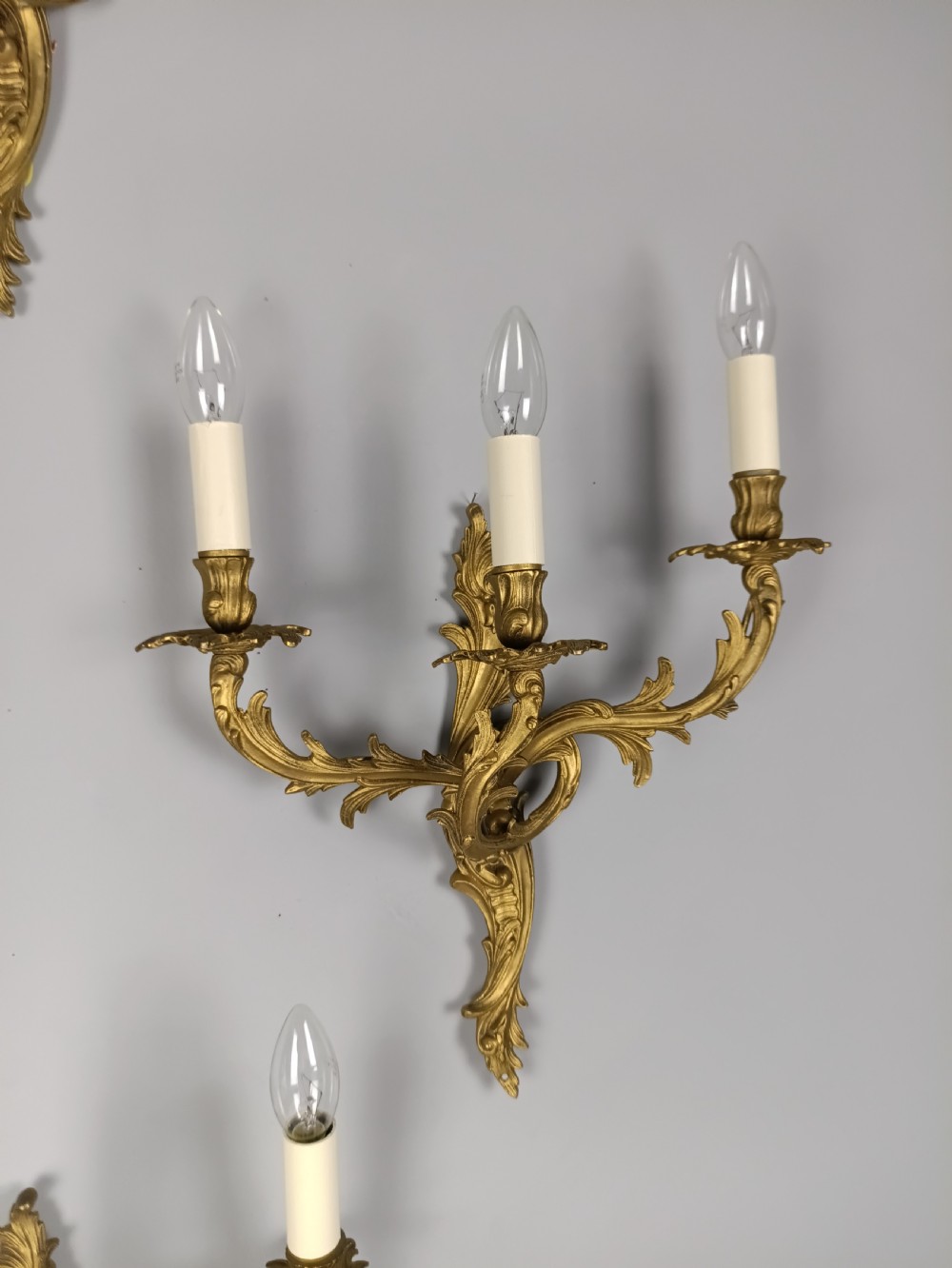 Set of 4 French Triple Arm Gilded Brass Wall Lights View VIII