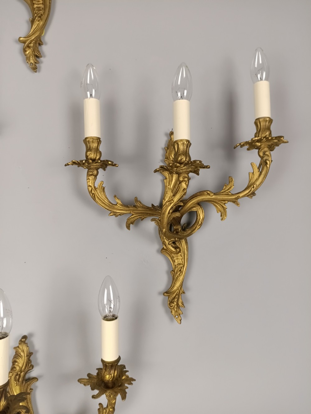 Set of 4 French Triple Arm Gilded Brass Wall Lights View X