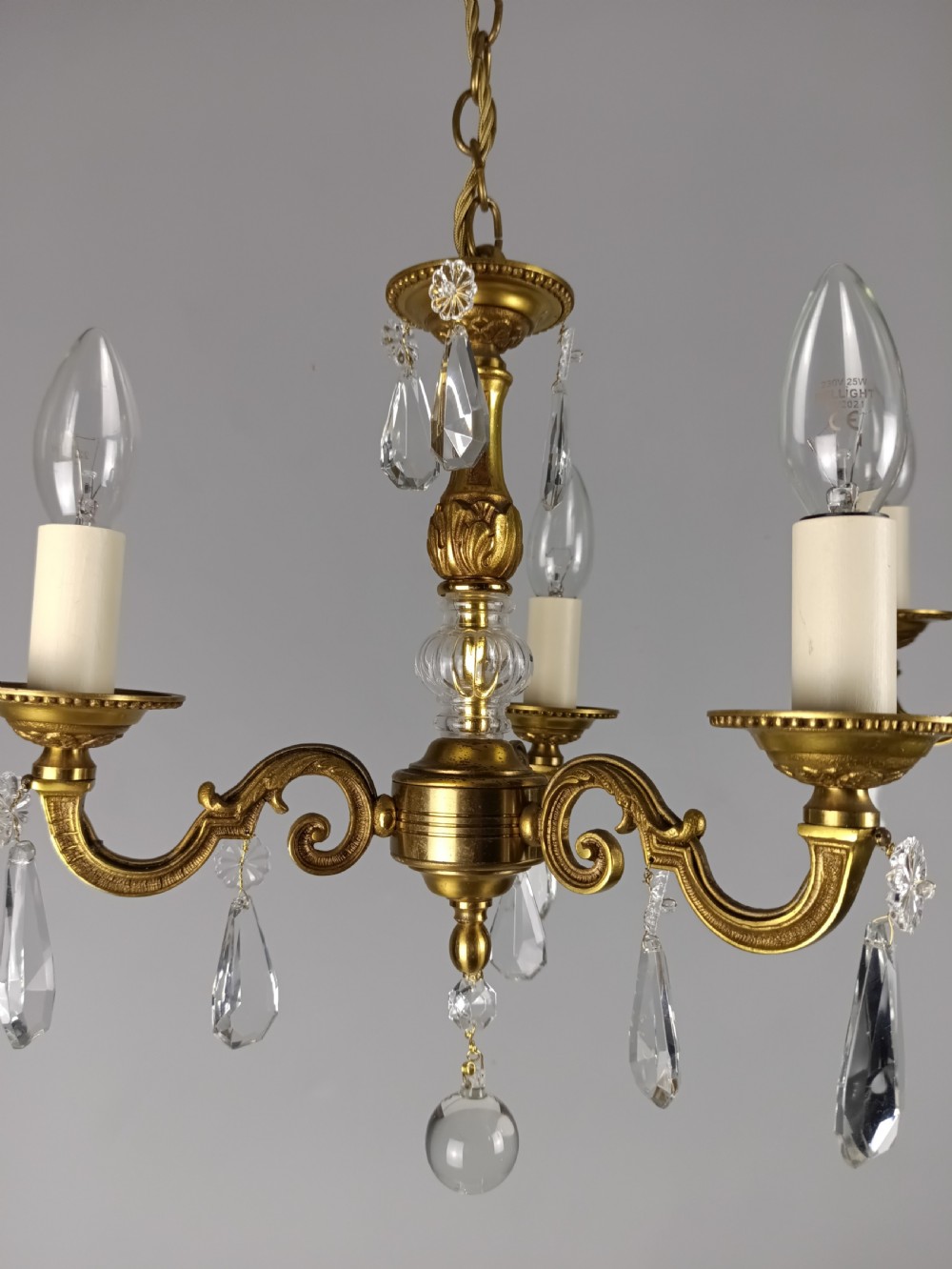 Pair of Triple Arm Crystal Gilt Brass French Chandeliers  View III