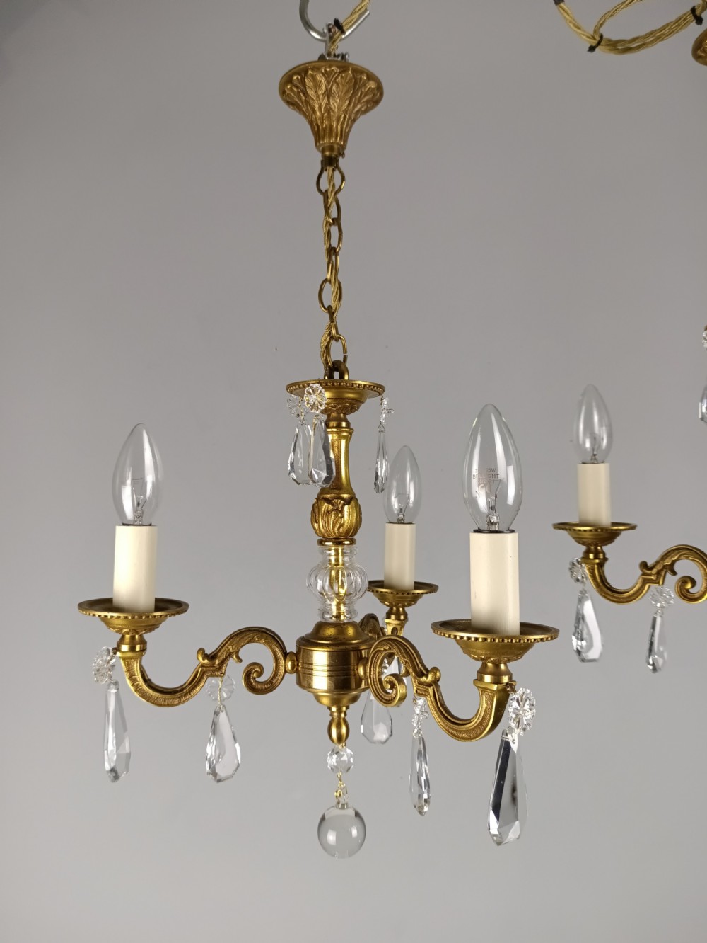 Pair of Triple Arm Crystal Gilt Brass French Chandeliers  View V