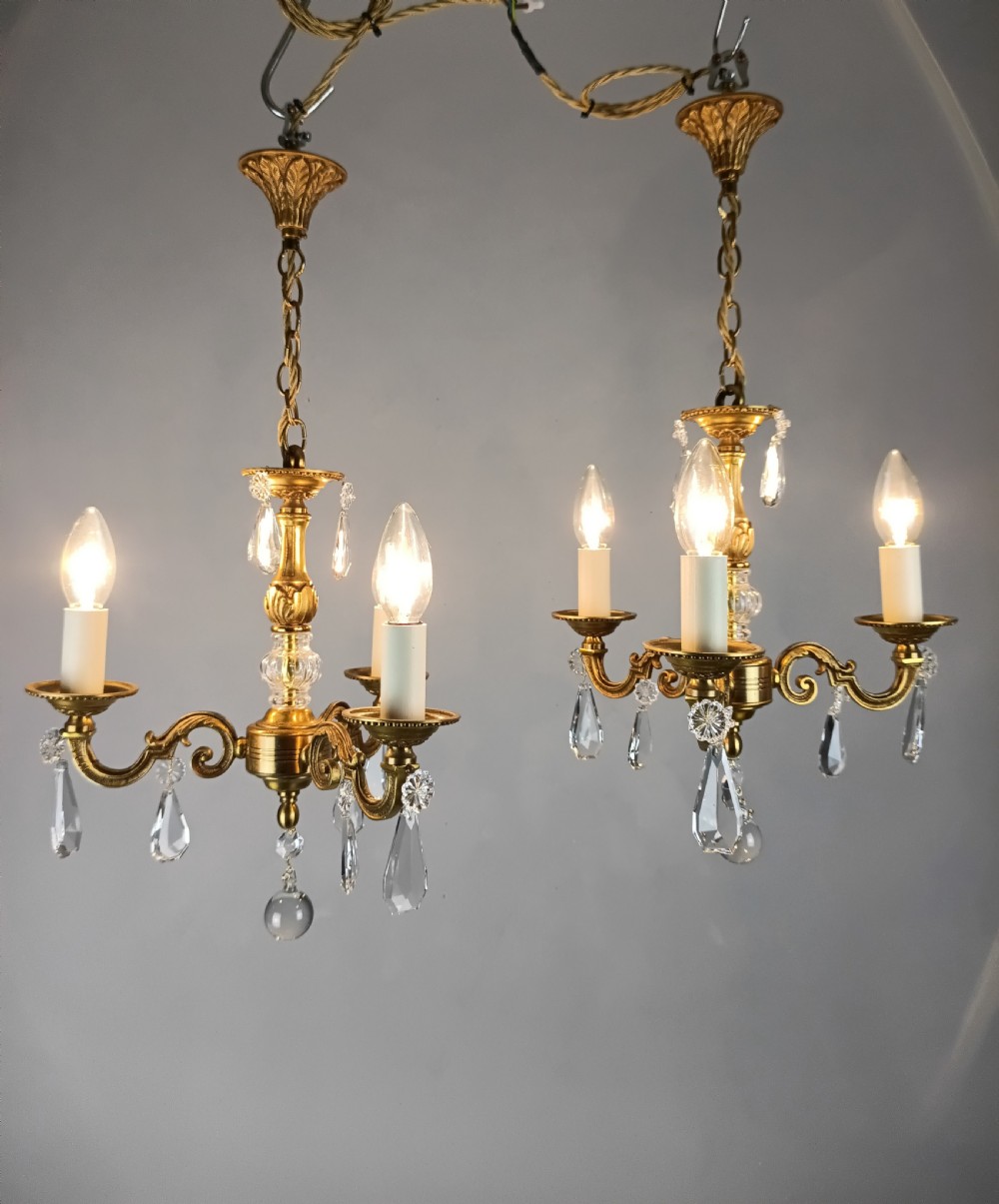 Pair of Triple Arm Crystal Gilt Brass French Chandeliers  View VI