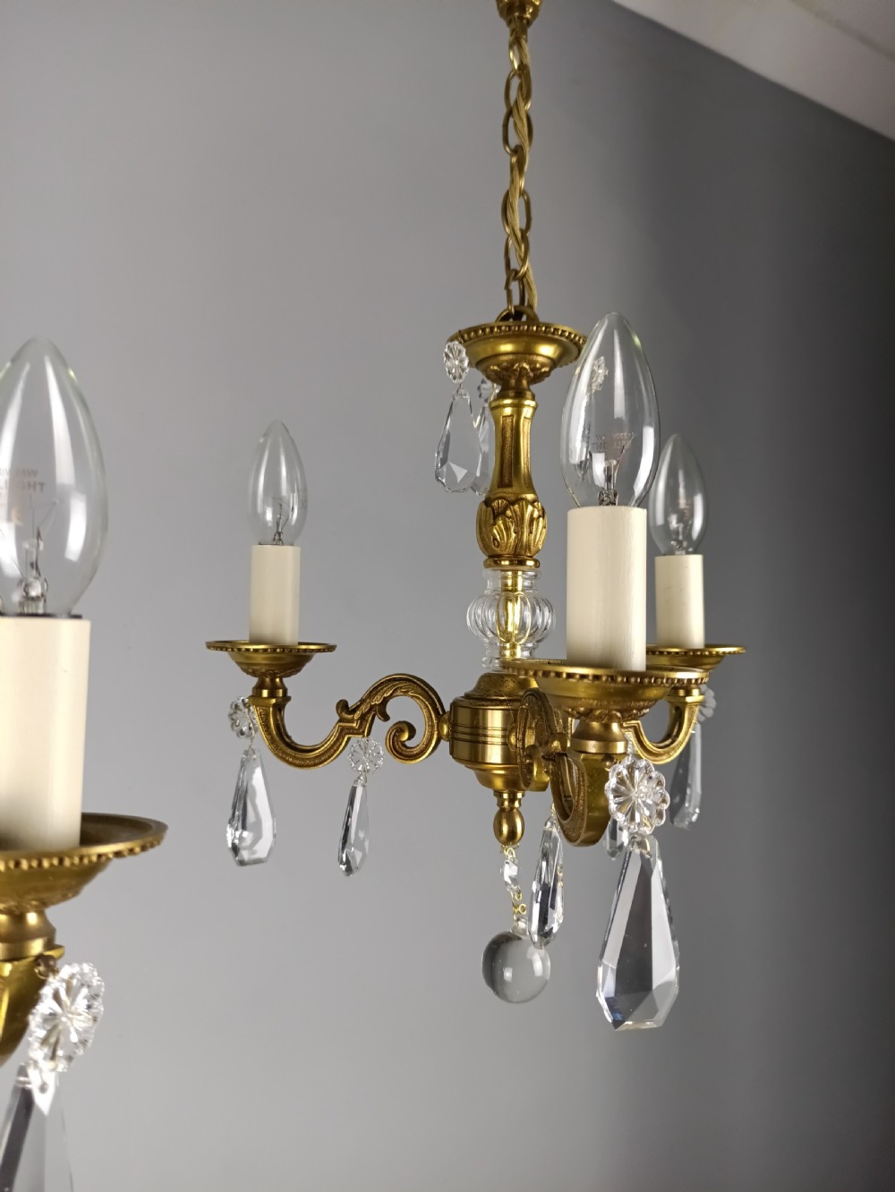 Pair of Triple Arm Crystal Gilt Brass French Chandeliers  View VIII