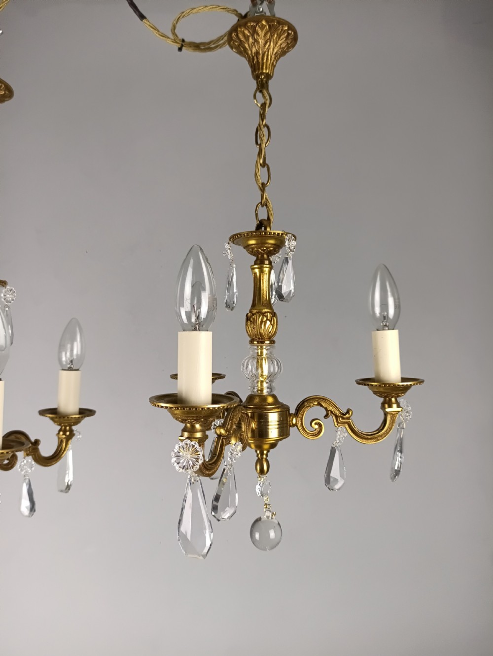 Pair of Triple Arm Crystal Gilt Brass French Chandeliers  View IX