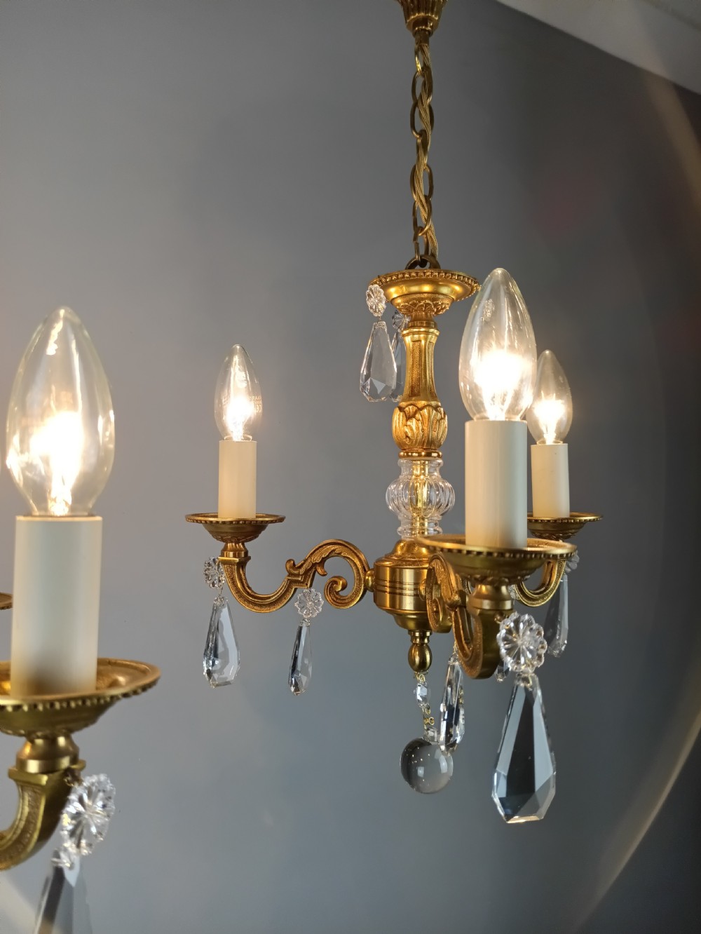 Pair of Triple Arm Crystal Gilt Brass French Chandeliers  View X