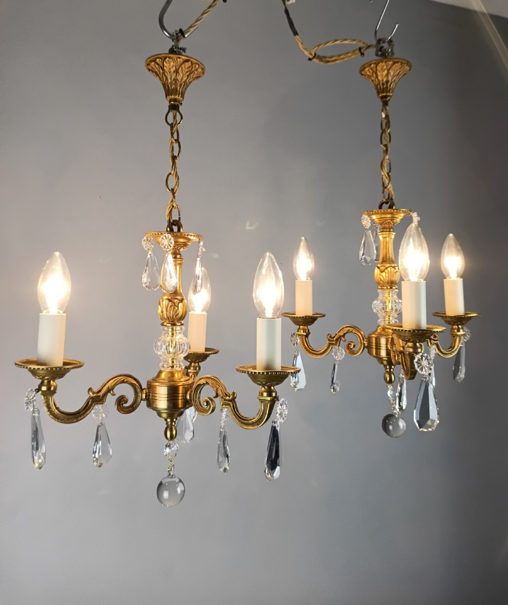 Pair of Triple Arm Crystal Gilt Brass French Chandeliers  View XII