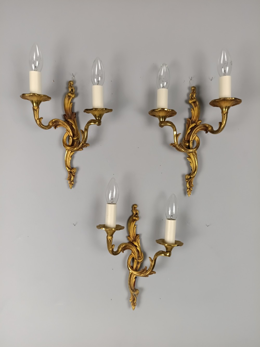 Set Of 3 French Gilded Twin Arm Antique Wall Lights
