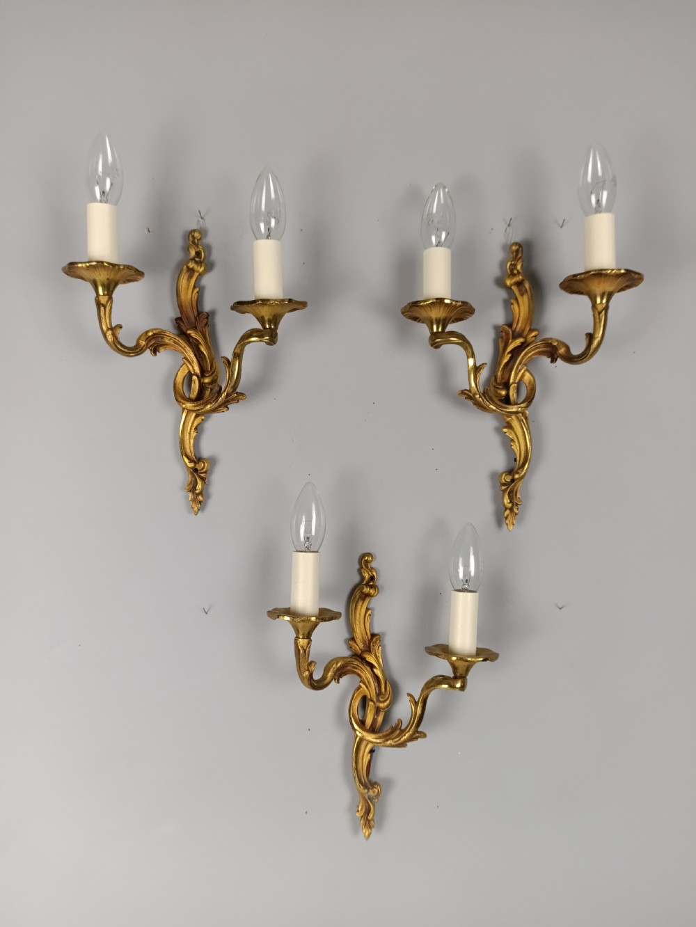 Set Of 3 French Gilded Twin Arm Antique Wall Lights View II