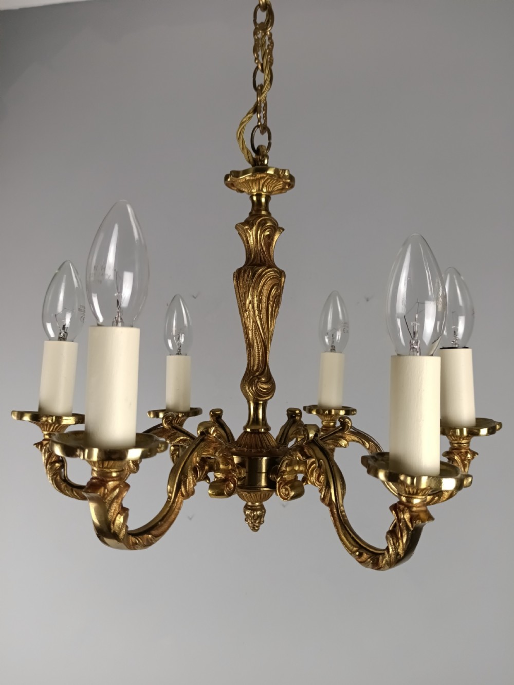 French Gilt Brass 6 Light Chandelier