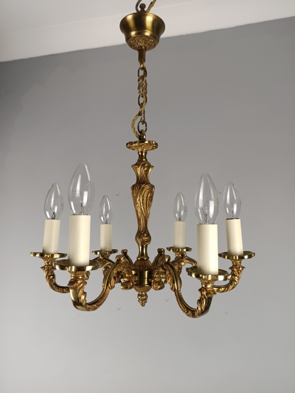 French Gilt Brass 6 Light Chandelier View II