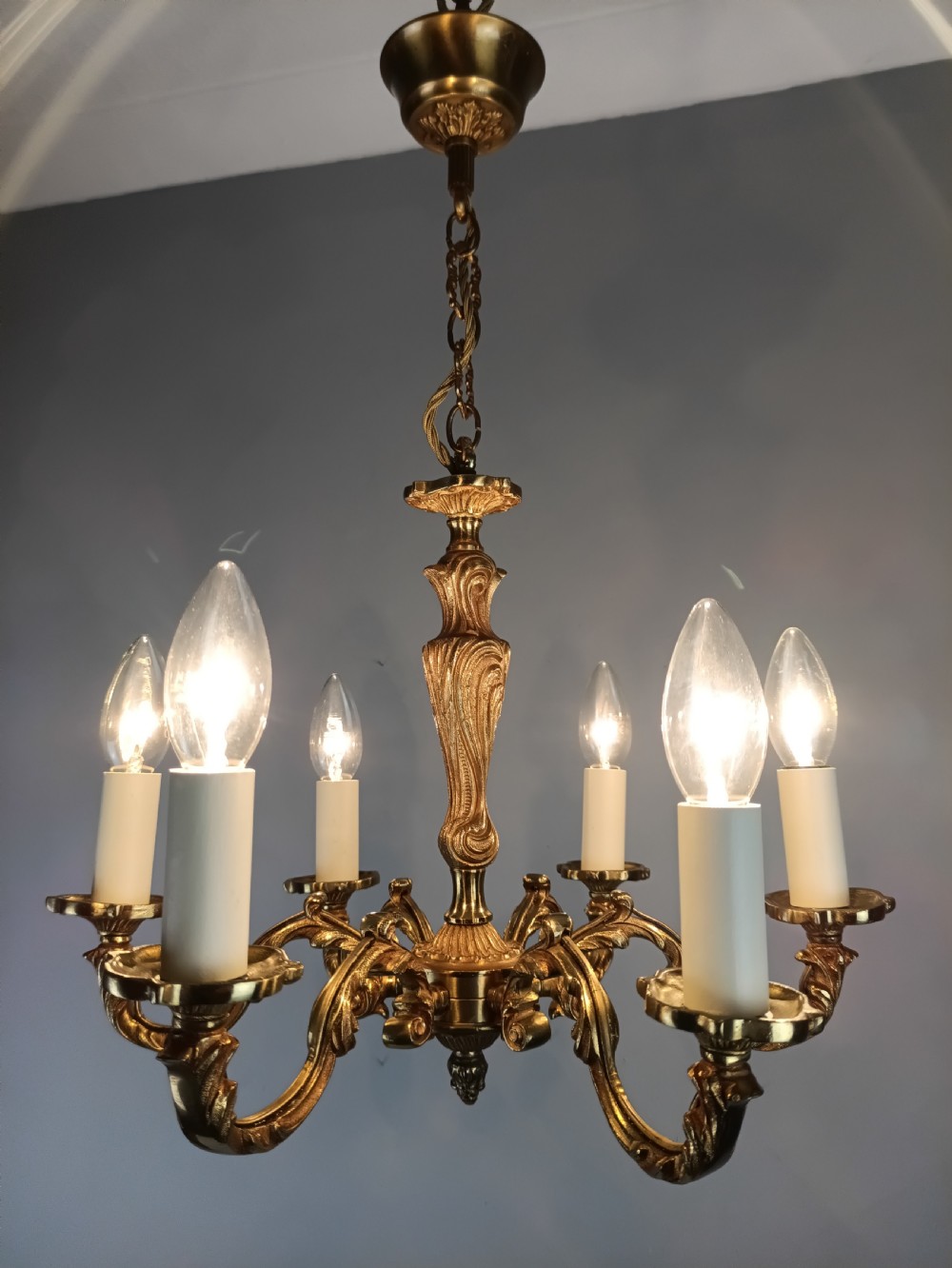 French Gilt Brass 6 Light Chandelier View III