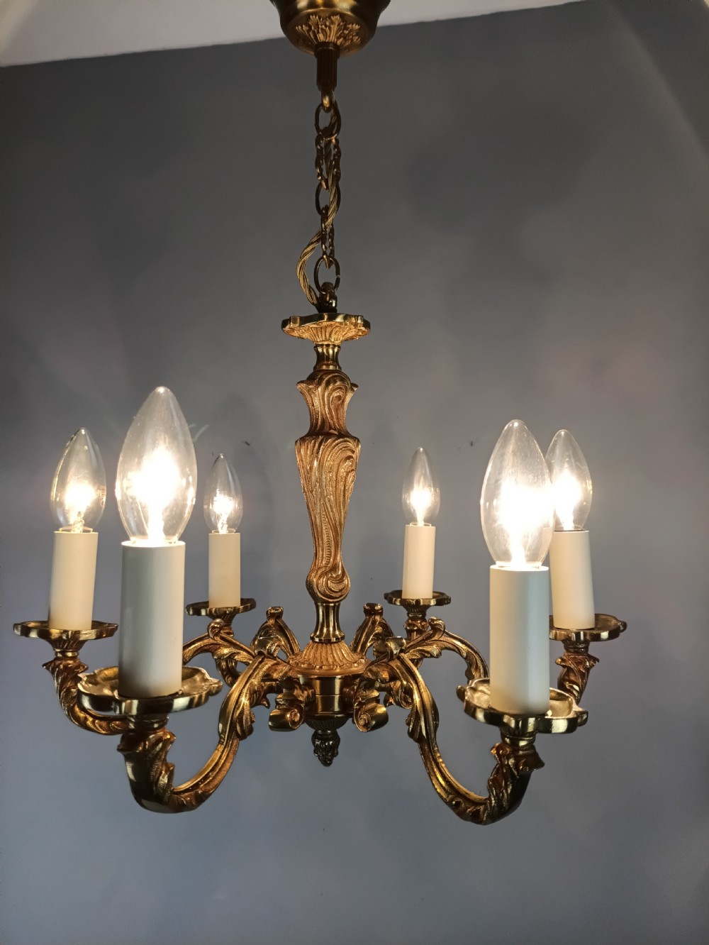 French Gilt Brass 6 Light Chandelier View IV
