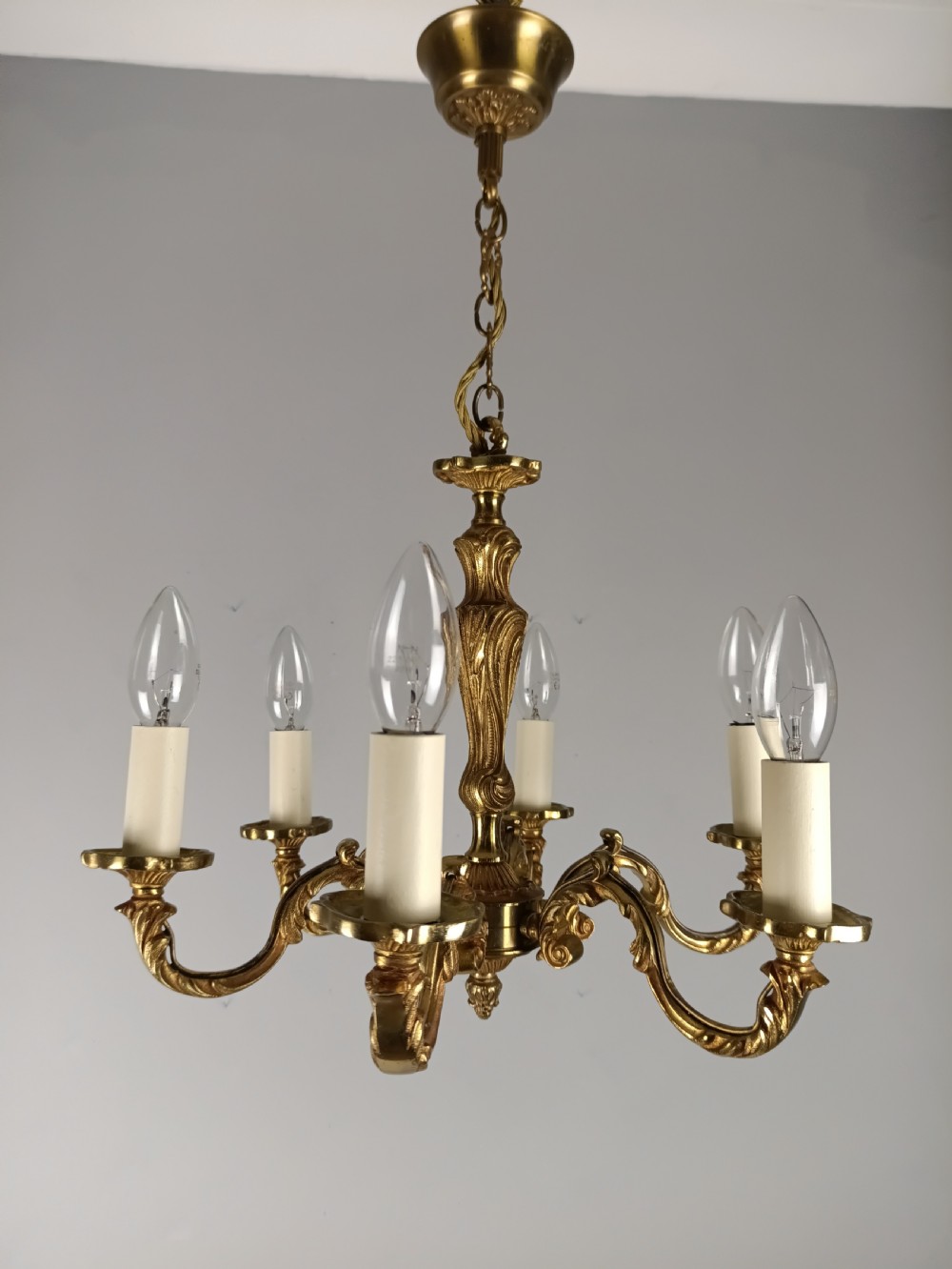French Gilt Brass 6 Light Chandelier View V