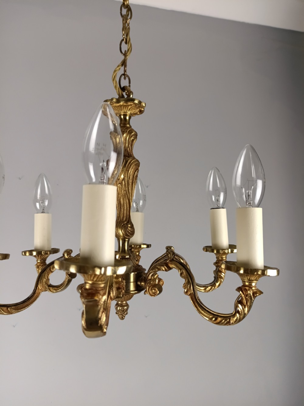 French Gilt Brass 6 Light Chandelier View VIII
