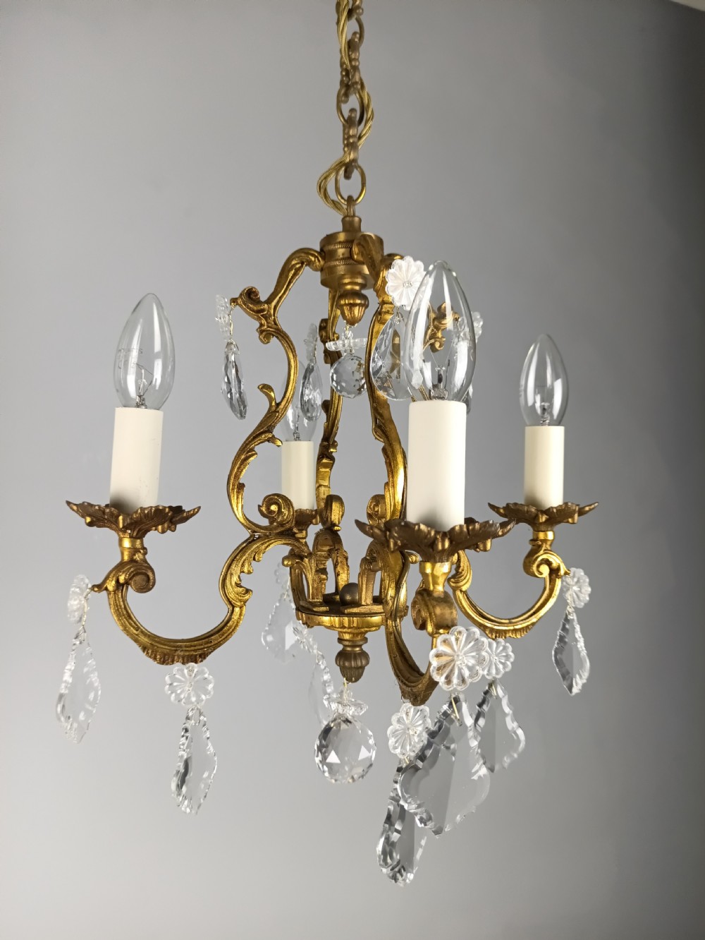 French Gilded & Crystal 4 Light Chandelier