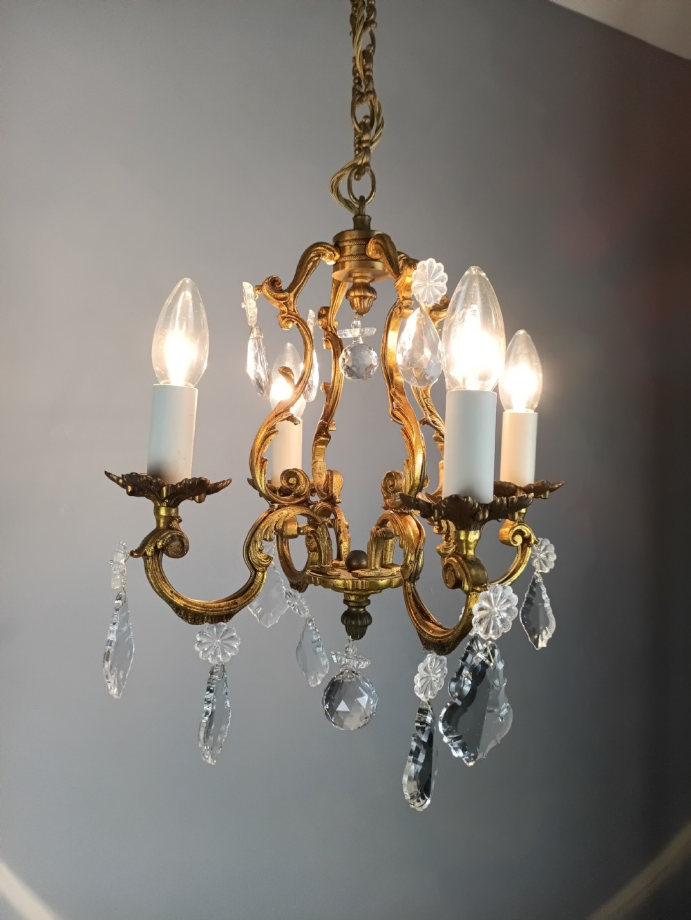 French Gilded & Crystal 4 Light Chandelier View II