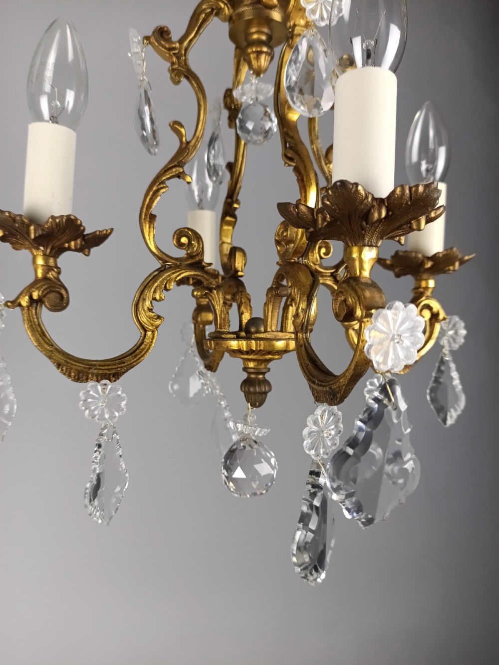 French Gilded & Crystal 4 Light Chandelier View IV