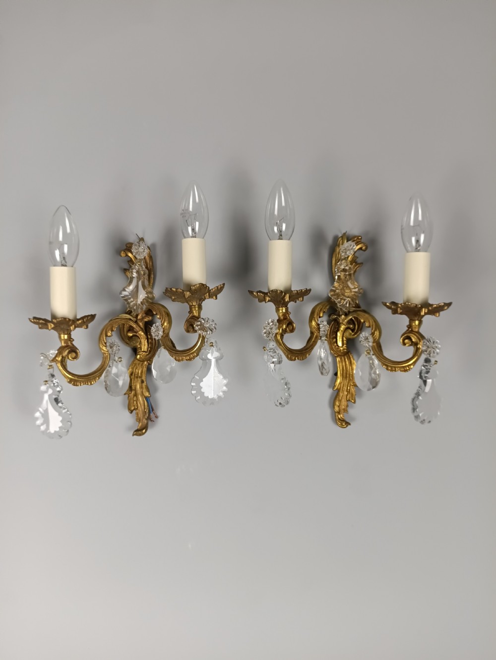 Pair of French Gilded Twin Arm Antique Wall Lights With Crystals View II