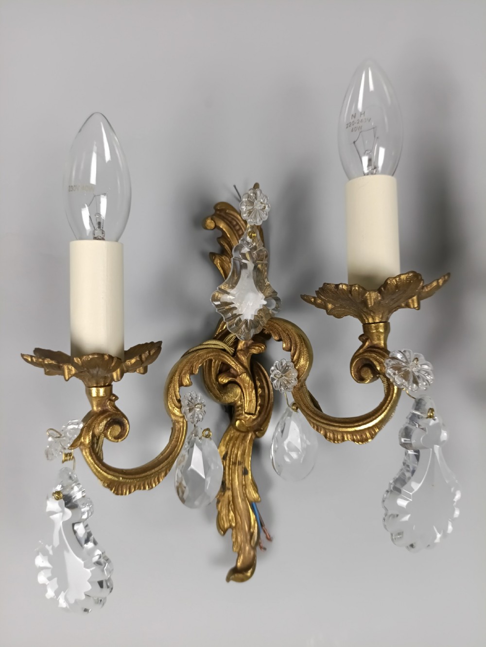 Pair of French Gilded Twin Arm Antique Wall Lights With Crystals View III