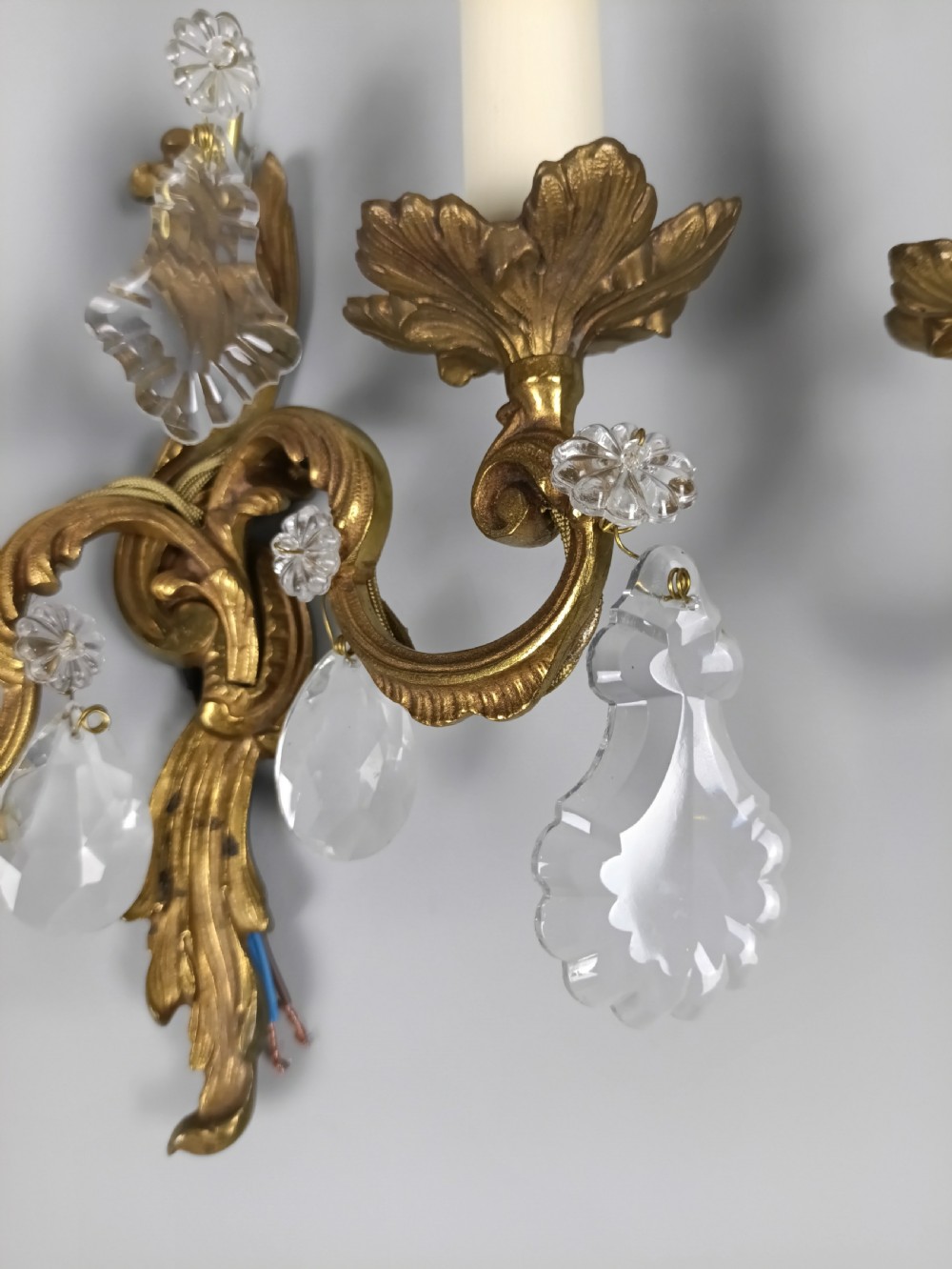 Pair of French Gilded Twin Arm Antique Wall Lights With Crystals View IV