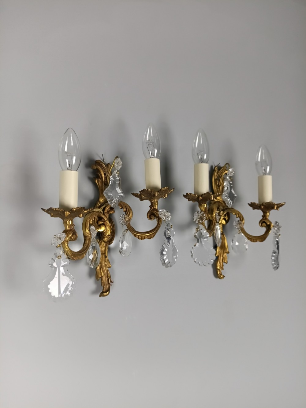 Pair of French Gilded Twin Arm Antique Wall Lights With Crystals View V