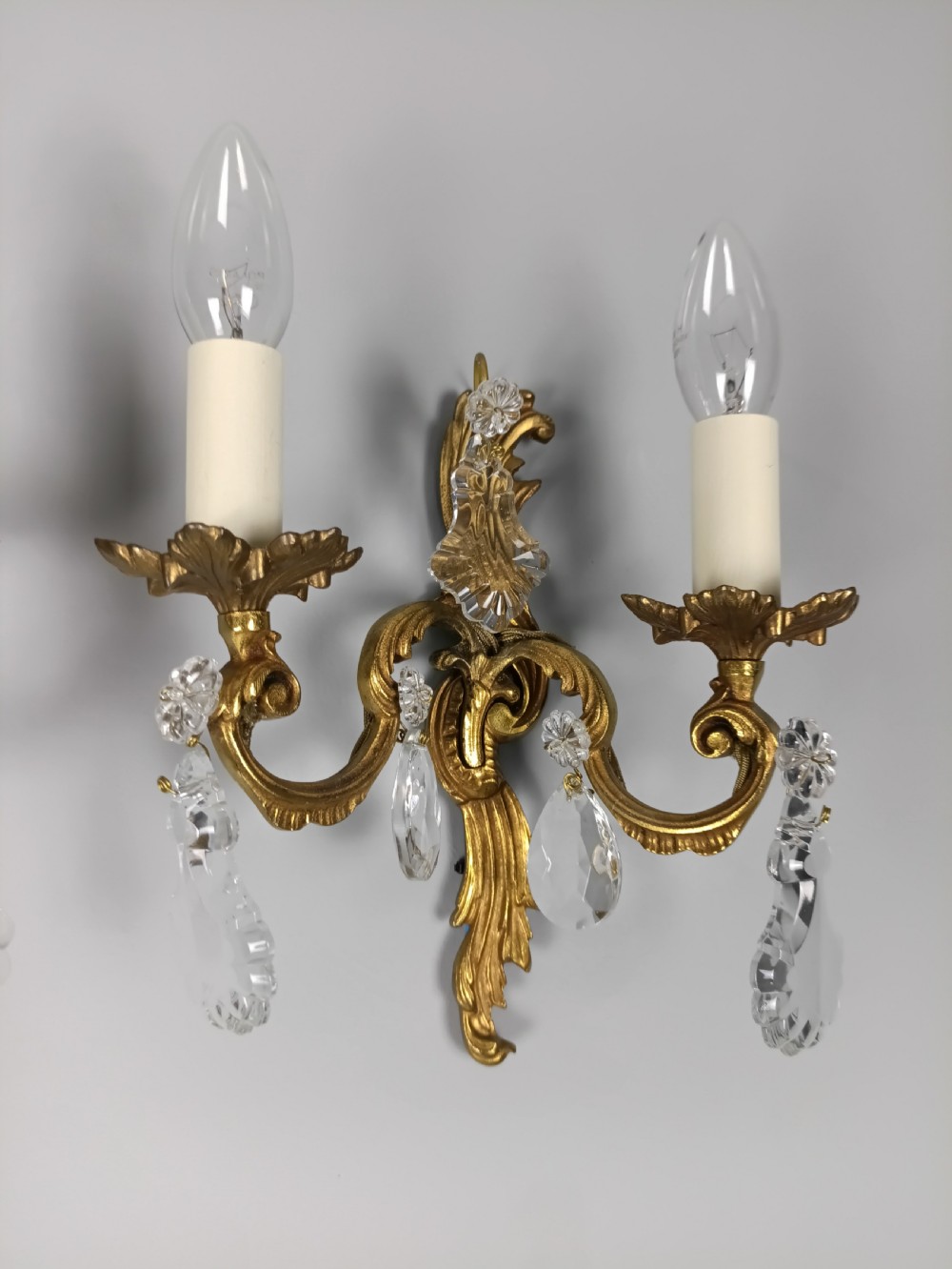 Pair of French Gilded Twin Arm Antique Wall Lights With Crystals View VI