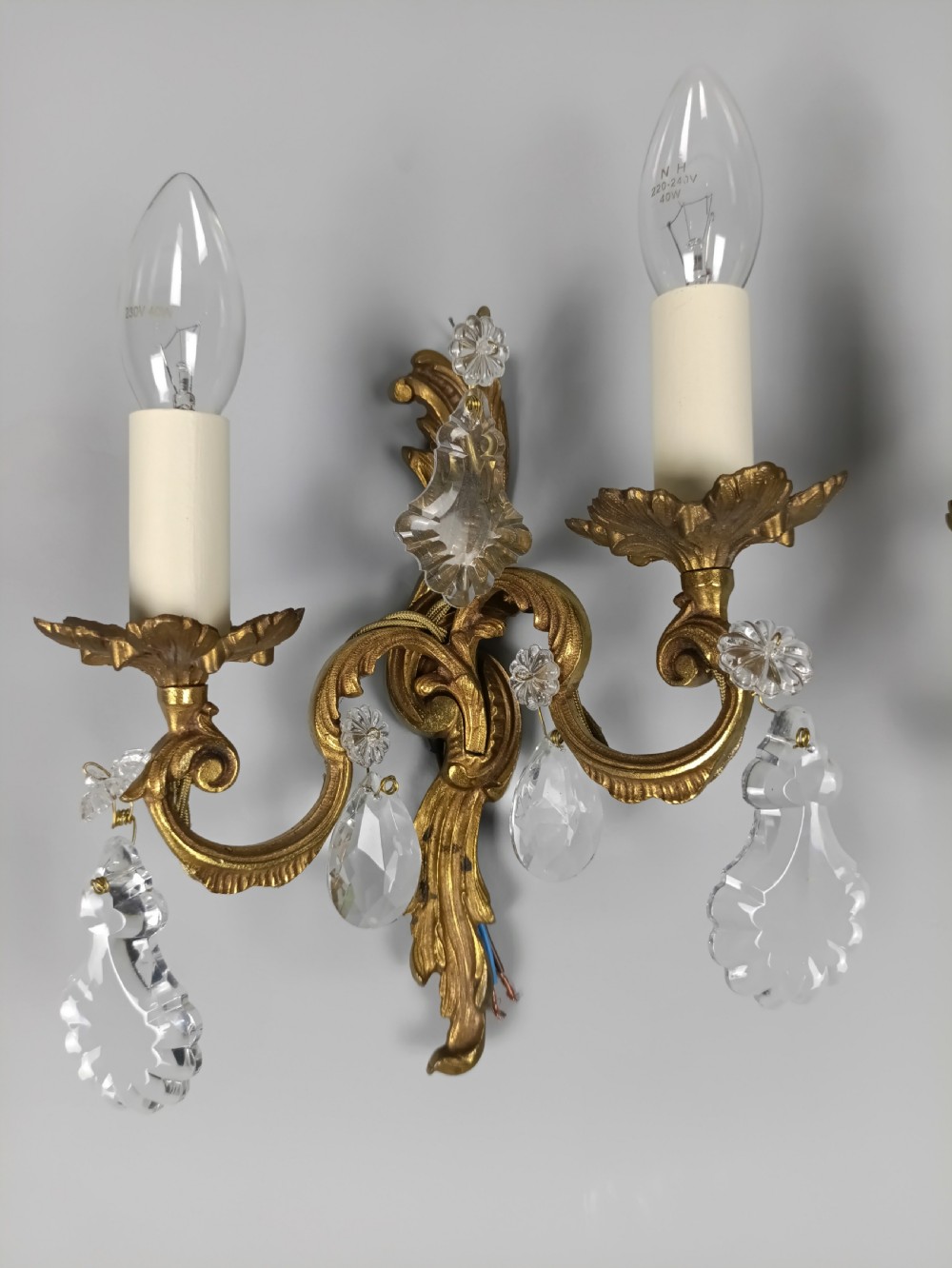 Pair of French Gilded Twin Arm Antique Wall Lights With Crystals View VII
