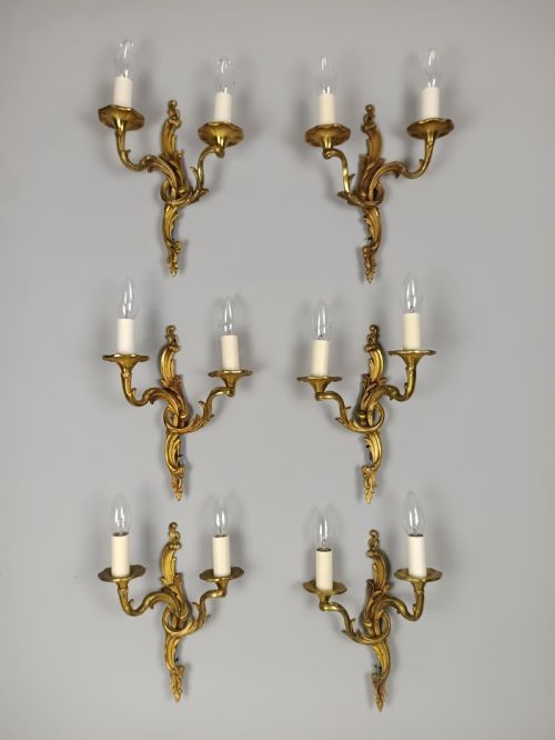 Set of 6 Antique French Gilded Brass Wall Lights | Ornate Louis XV Rococo Twin-Arm Sconces, c.1930, Rewired Ready To Install