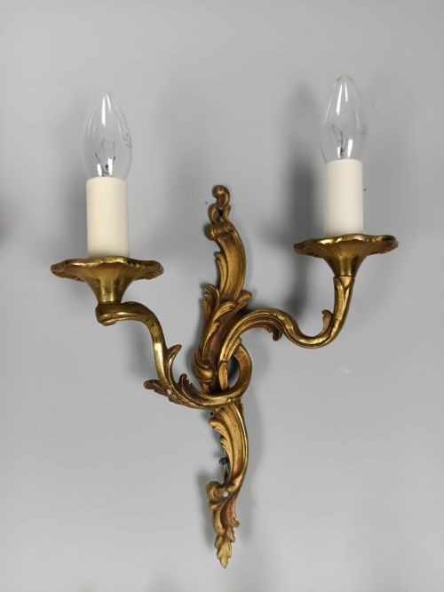 Set of 6 Antique French Gilded Brass Wall Lights | Ornate Louis XV Rococo Twin-Arm Sconces, c.1930, Rewired Ready To Install View II
