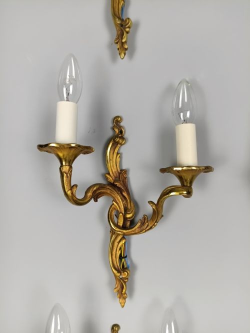 Set of 6 Antique French Gilded Brass Wall Lights | Ornate Louis XV Rococo Twin-Arm Sconces, c.1930, Rewired Ready To Install View III