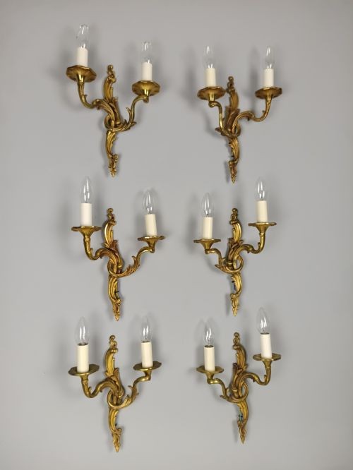 Set of 6 Antique French Gilded Brass Wall Lights | Ornate Louis XV Rococo Twin-Arm Sconces, c.1930, Rewired Ready To Install View V