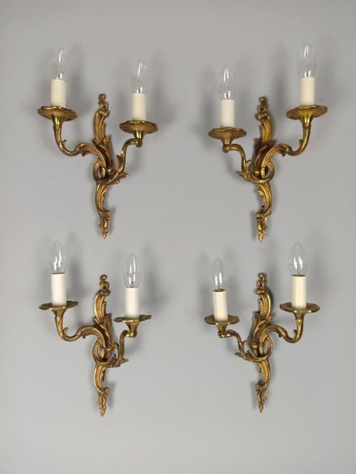 Set of 4 Antique French Gilded Brass Wall Lights | Ornate Louis XV Rococo Twin-Arm Sconces, c.1930, Rewired Ready To Install