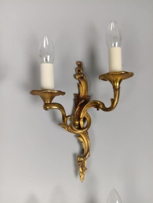 Set of 4 Antique French Gilded Brass Wall Lights | Ornate Louis XV Rococo Twin-Arm Sconces, c.1930, Rewired Ready To Install View II