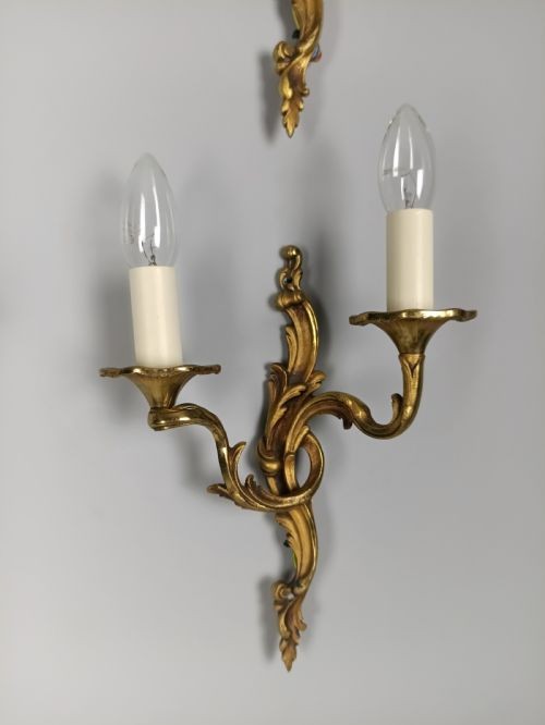 Set of 4 Antique French Gilded Brass Wall Lights | Ornate Louis XV Rococo Twin-Arm Sconces, c.1930, Rewired Ready To Install View III