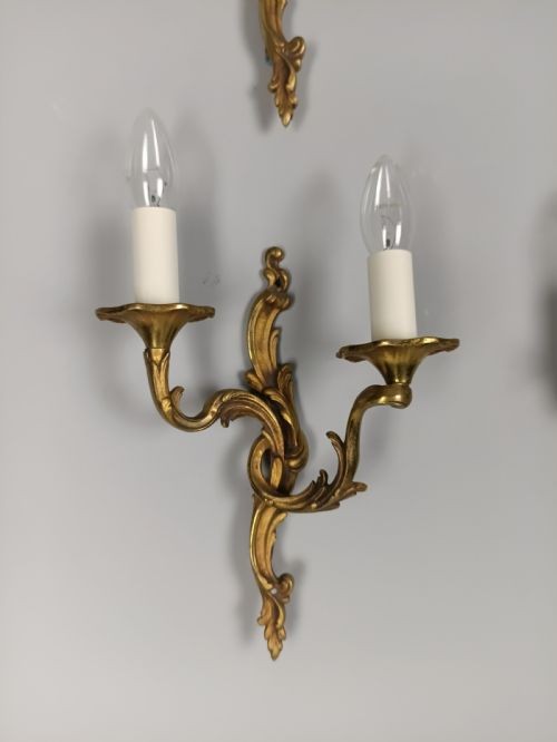 Set of 4 Antique French Gilded Brass Wall Lights | Ornate Louis XV Rococo Twin-Arm Sconces, c.1930, Rewired Ready To Install View IV