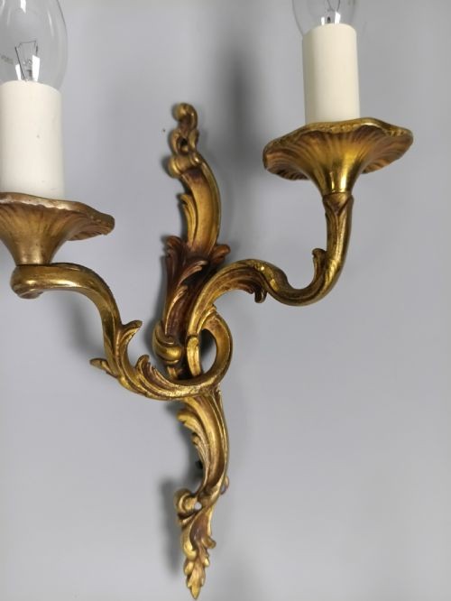 Set of 4 Antique French Gilded Brass Wall Lights | Ornate Louis XV Rococo Twin-Arm Sconces, c.1930, Rewired Ready To Install View V