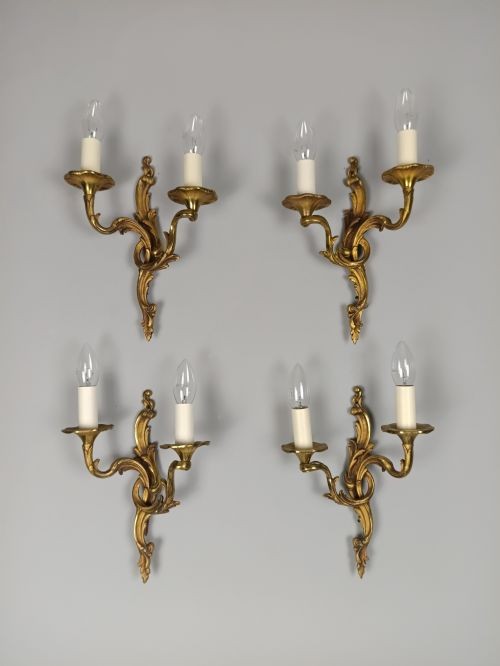 Set of 4 Antique French Gilded Brass Wall Lights | Ornate Louis XV Rococo Twin-Arm Sconces, c.1930, Rewired Ready To Install View VI