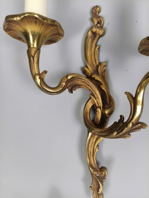 Set of 4 Antique French Gilded Brass Wall Lights | Ornate Louis XV Rococo Twin-Arm Sconces, c.1930, Rewired Ready To Install View VII