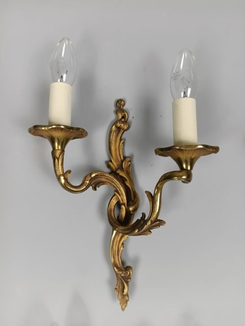 Set of 4 Antique French Gilded Brass Wall Lights | Ornate Louis XV Rococo Twin-Arm Sconces, c.1930, Rewired Ready To Install View VIII