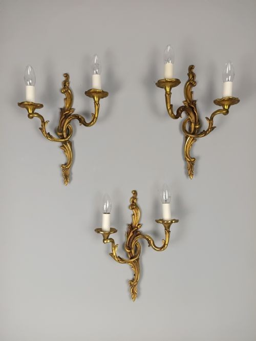 Set of 3 Antique Large French Gilded Bronze Wall Lights | Ornate Louis XV Rococo Twin-Arm Sconces, c.1930, Rewired Ready To Install