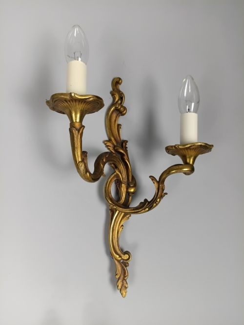 Set of 3 Antique Large French Gilded Bronze Wall Lights | Ornate Louis XV Rococo Twin-Arm Sconces, c.1930, Rewired Ready To Install View II